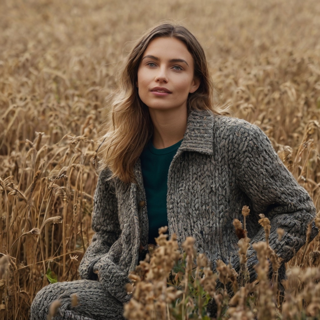 Une femme aux cheveux longs et ondulés portant un manteau gris en tricot debout dans un champ de blé doré.