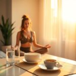 Femme méditant dans une pièce lumineuse avec un verre d'eau, un bol et une tasse de café sur la table, symbolisant une routine matinale saine.