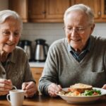 Seniors partageant un repas équilibré dans une cuisine chaleureuse.