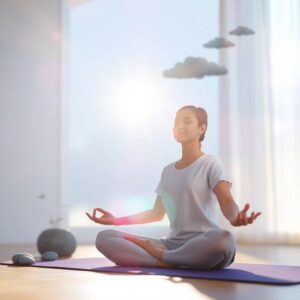 Techniques de relaxation et de méditation pour réduire le stress, avec une personne pratiquant le yoga dans un environnement zen et apaisant