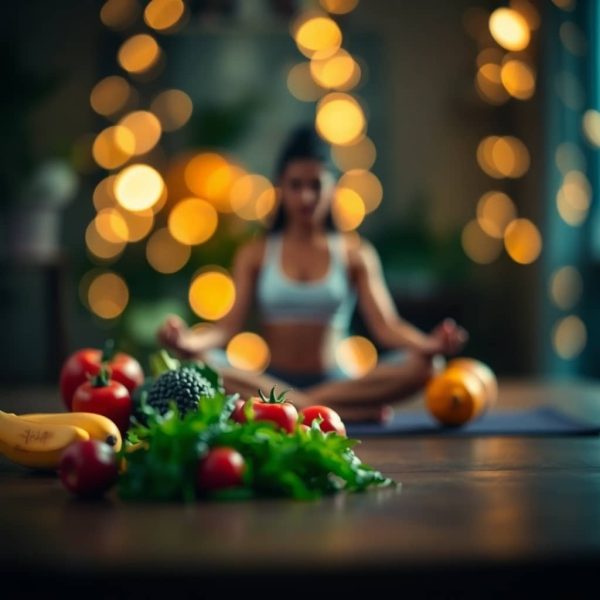 Fruits et légumes frais en avant-plan avec une femme pratiquant le yoga en arrière-plan flou, illustrant des habitudes saines pour booster l'énergie naturellement.