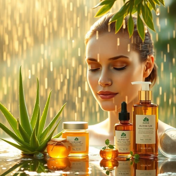 Produits de soins naturels avec aloe vera, miel et huiles végétales sous une lumière naturelle.