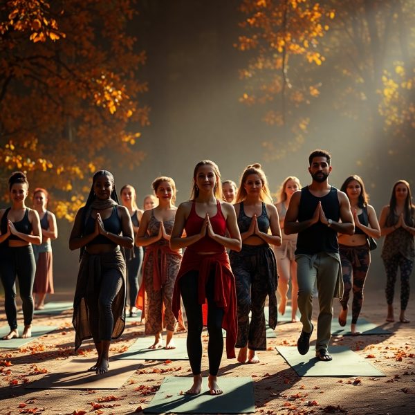 Groupe de personnes pratiquant le yoga en plein air, vêtues de tenues confortables et stylées, dans un cadre automnal apaisant.