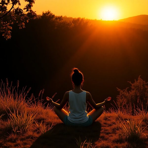 Femme méditant au lever du soleil dans un paysage naturel.