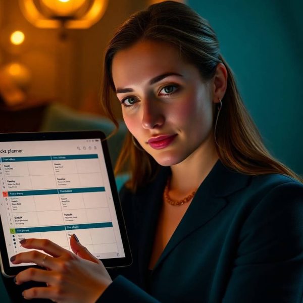 Personne utilisant une tablette avec un planificateur de tâches affiché pour organiser son emploi du temps.