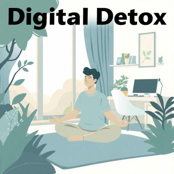 Illustration d'une personne méditant dans un espace calme et naturel, entouré de plantes, symbolisant la détox digitale.
