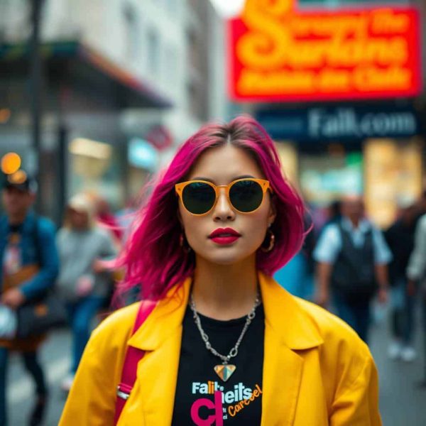 Personne portant une veste jaune vif et des cheveux roses, illustrant l'utilisation de couleurs vives dans la mode urbaine.