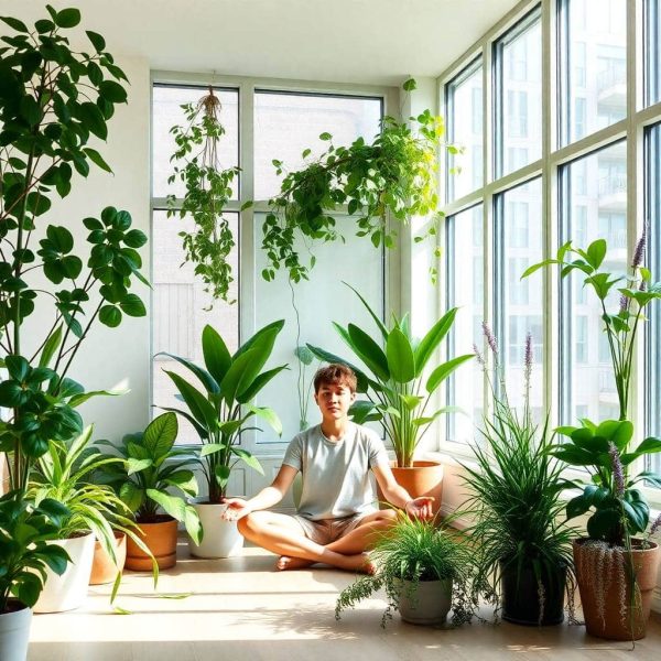 Plantes d'intérieur vertes disposées harmonieusement dans un espace de vie moderne, illustrant le bien-être et la détente à travers la nature