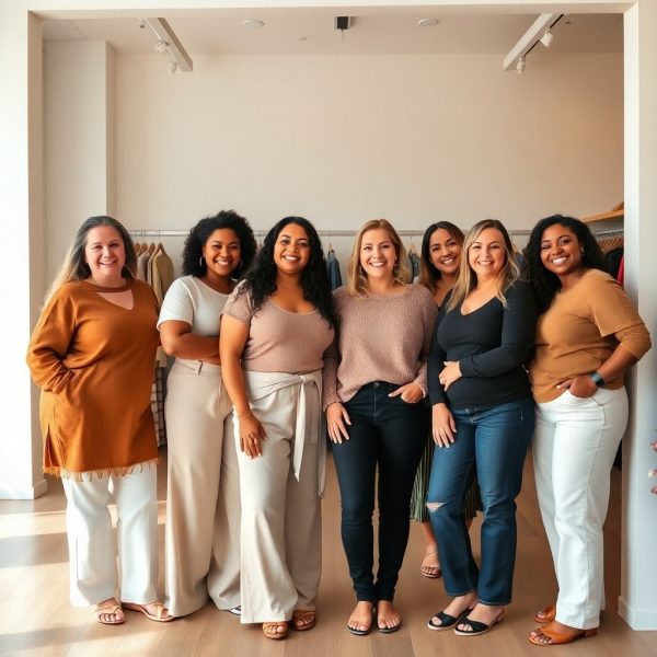 Groupe diversifié de femmes souriantes portant des tenues décontractées dans une boutique de mode, vêtues de tons neutres et naturels
