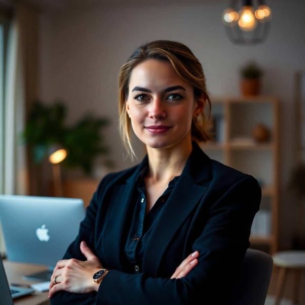 Femme professionnelle en télétravail, portant une tenue élégante et confortable dans un bureau à domicile moderne.