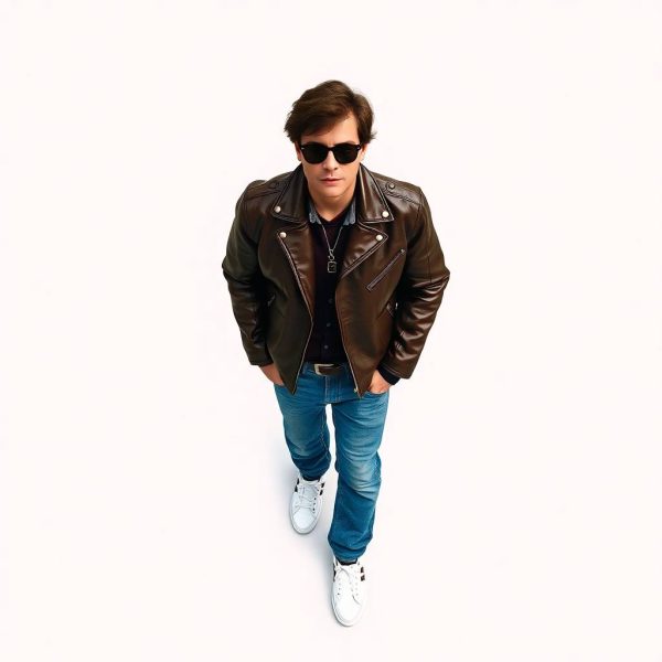 Un homme vêtu d'une veste en cuir marron vintage, d'un jean coupe droite et de baskets blanches modernes, portant des lunettes de soleil noires.