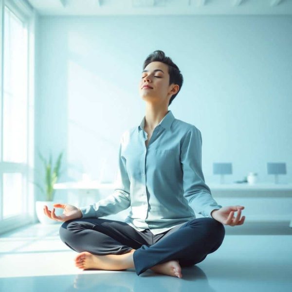 Femme d'affaires en position de méditation zen dans un environnement de travail moderne, symbolisant la relaxation et le bien-être professionnel