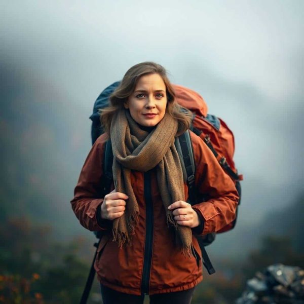 Voyageuse portant une veste imperméable et une écharpe en laine, équipée d'un sac à dos ergonomique, dans un décor naturel brumeux.