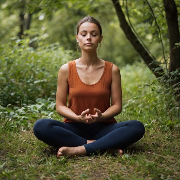 Une femme assise en position de méditation dans un environnement naturel verdoyant.