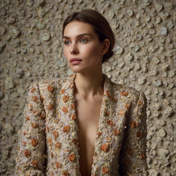 Portrait d'une femme élégante portant un manteau fleuri