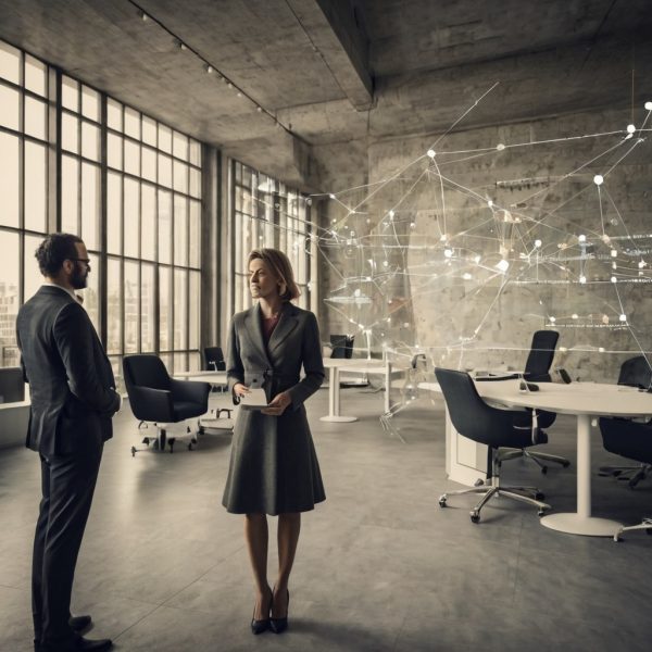 Deux personnes en costume discutent dans un bureau moderne avec un écran projetant un graphique de réseau complexe.