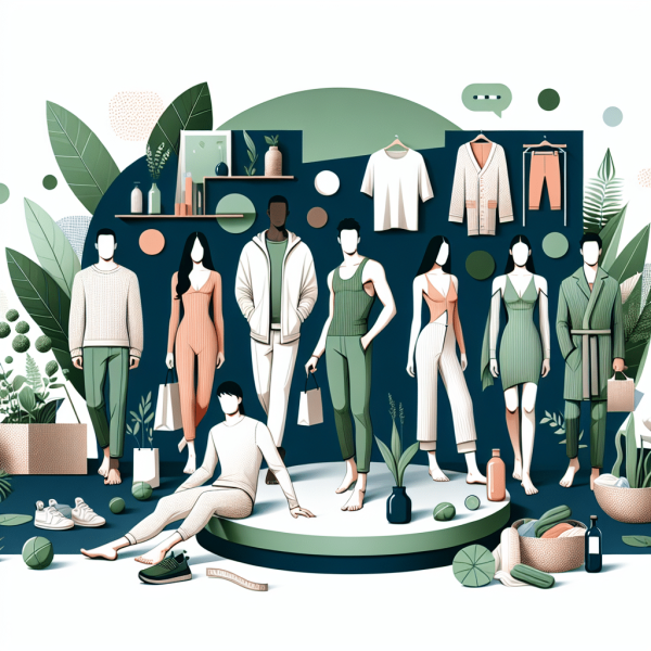 Illustration représentant une variété de tenues vestimentaires et d'accessoires dans des tons verts et neutres, symbolisant les tendances de la mode durable et du bien-être.